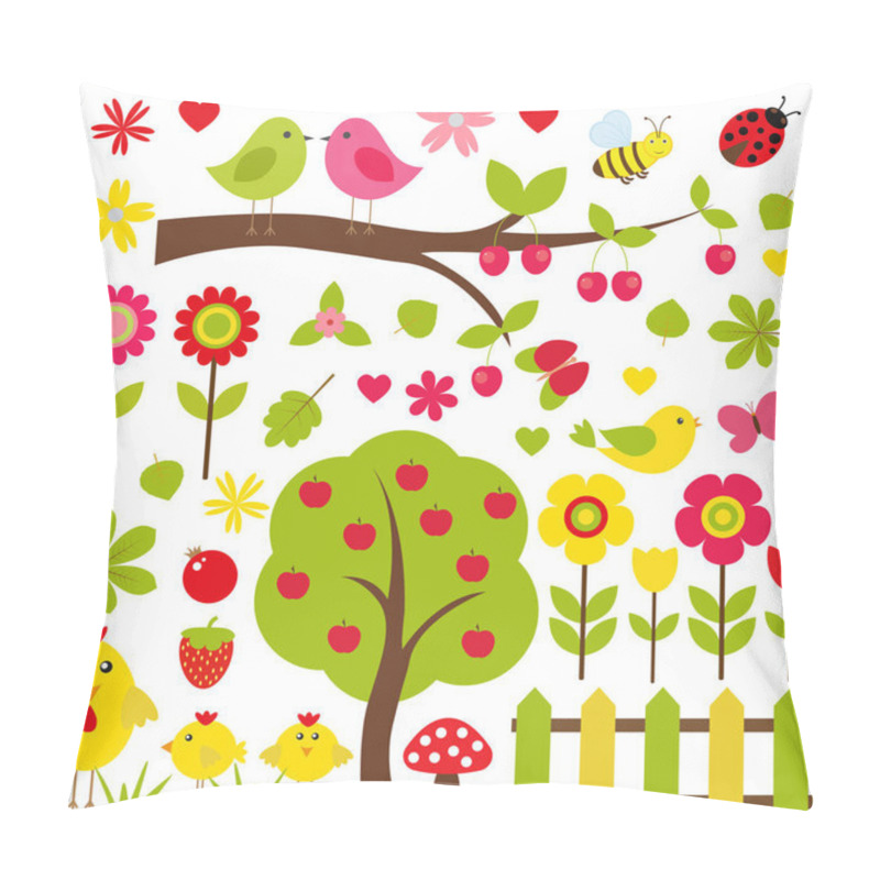 Personality  Vector Set Of Nature. Birds Sitting On A Tree, Among Other Birds, Flowers, Mushrooms, Insects. Pillow Covers