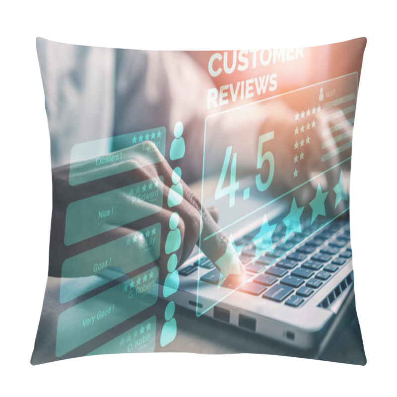 Personality  Customer Review Satisfaction Feedback Survey Concept. User Give Rating To Service Experience On Online Application. Customer Can Evaluate Quality Of Service Leading To Reputation Ranking Of Business. Pillow Covers