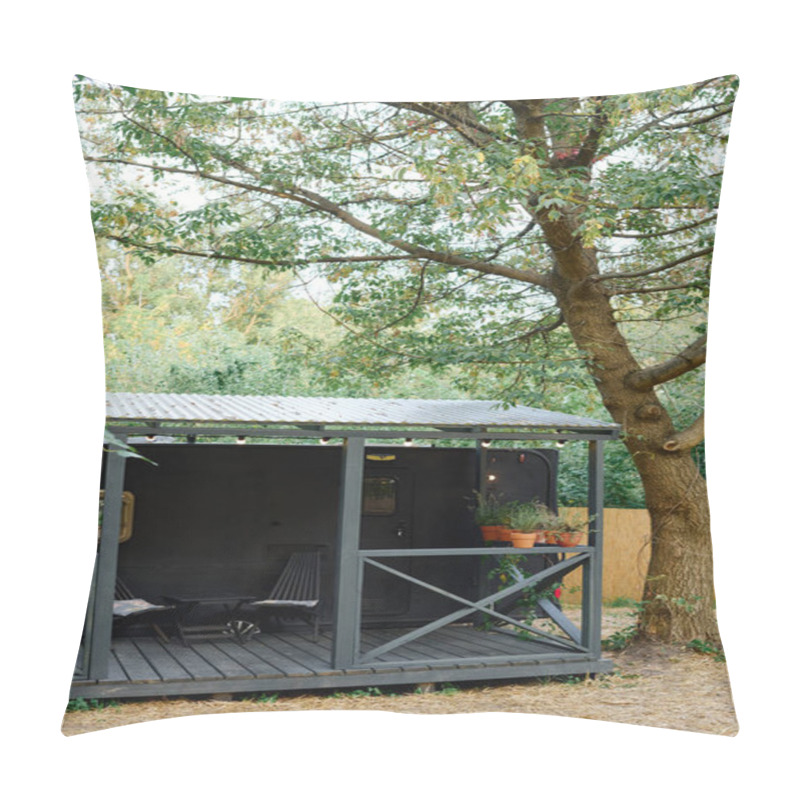 Personality  A Charming Small Shed Sits Next To A Majestic Tree, Creating A Picturesque And Serene Scene In Nature. Pillow Covers