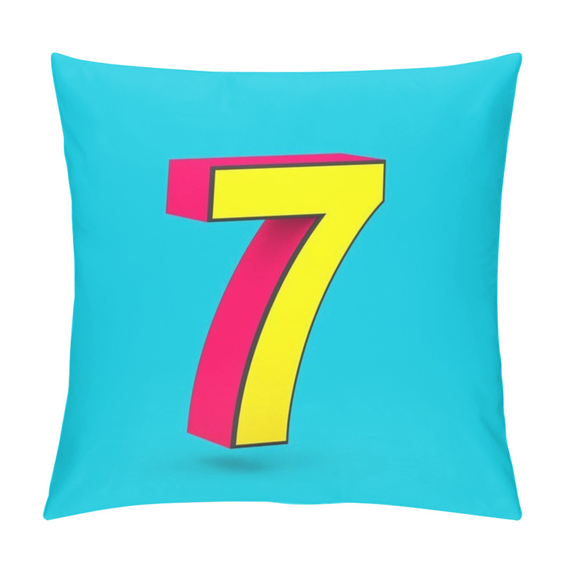 Personality  Superhero Number 7. 3D Render Of Stylized Retro Red And Yellow Font Isolated On Blue Background. Pillow Covers