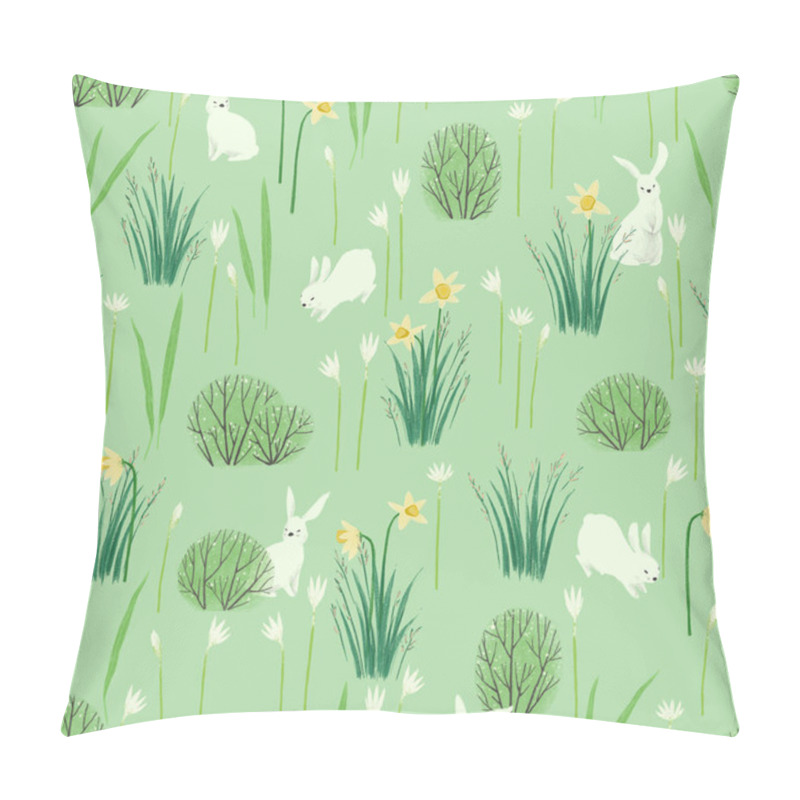 Personality  Seamless Pattern With Spring Meadow, Jumping Rabbits And Flowers. Minimalistic Scandinavian Style. Perfect For Wallpaper, Wrapping Paper, Fabric. Pillow Covers