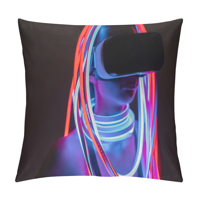 Personality  Futuristic African American Woman In Vr Headset And Neon Lighting Pillow Covers