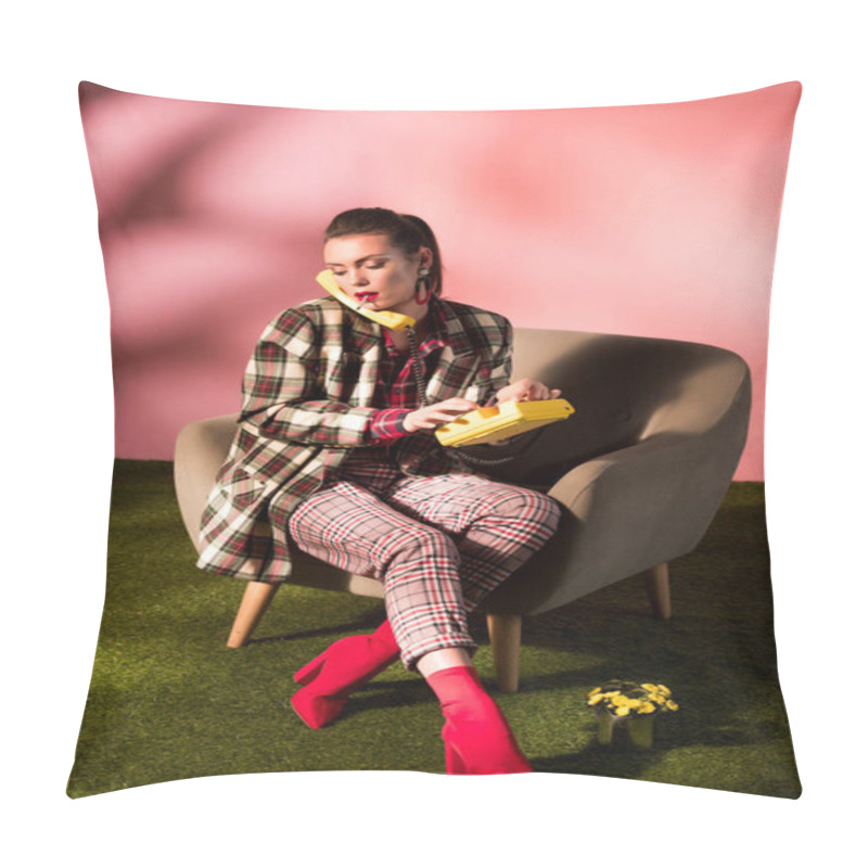 Personality  Fashionable Girl In Armchair Smoking Cigarette While Talking On Retro Telephone Pillow Covers