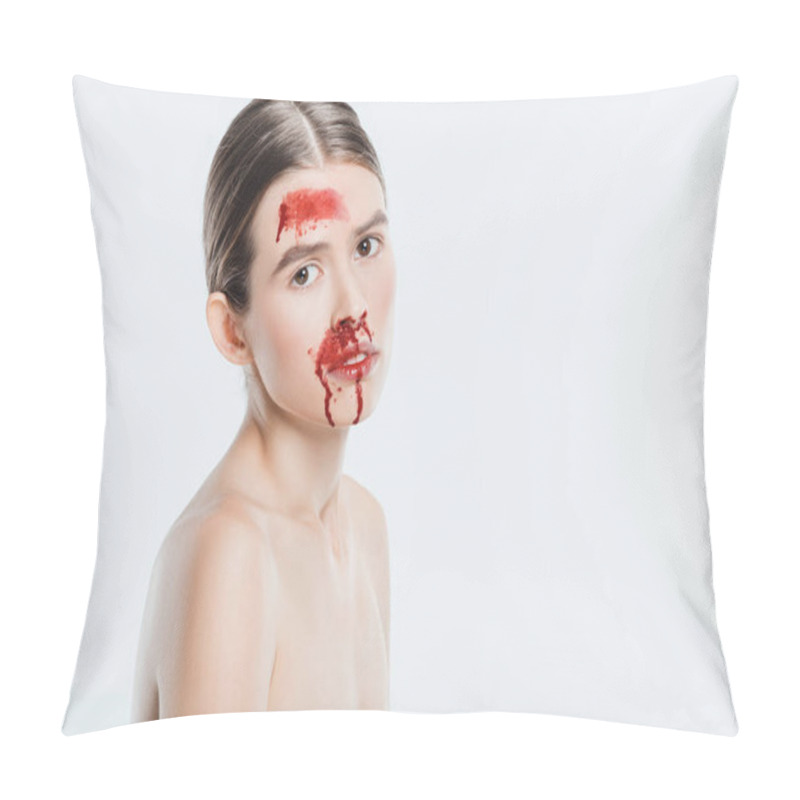 Personality  Nude Female Domestic Violence Victim With Red Blood Isolated On White Pillow Covers