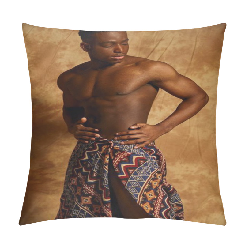 Personality  A Young, Handsome African American Man Poses Confidently Without A Shirt, Adorned In A Striking Patterned Wrap. The Warm Backdrop Highlights His Physique And The Cultural Richness Of His Outfit. Pillow Covers