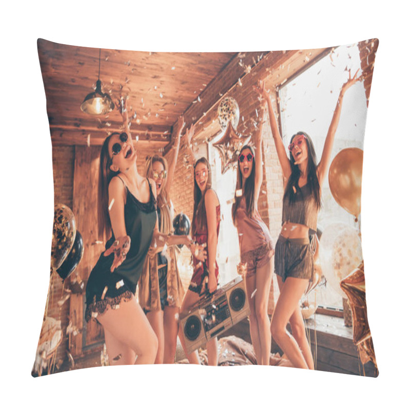 Personality  Disco Slumber Discotheque Relax Event Holiday Day Vacation Indoors Decoration Concept. Many Five Company Best Buddies Fellows With Ideal Pretty Attractive Figures Jumping Om Beddings Having Costume Pillow Covers