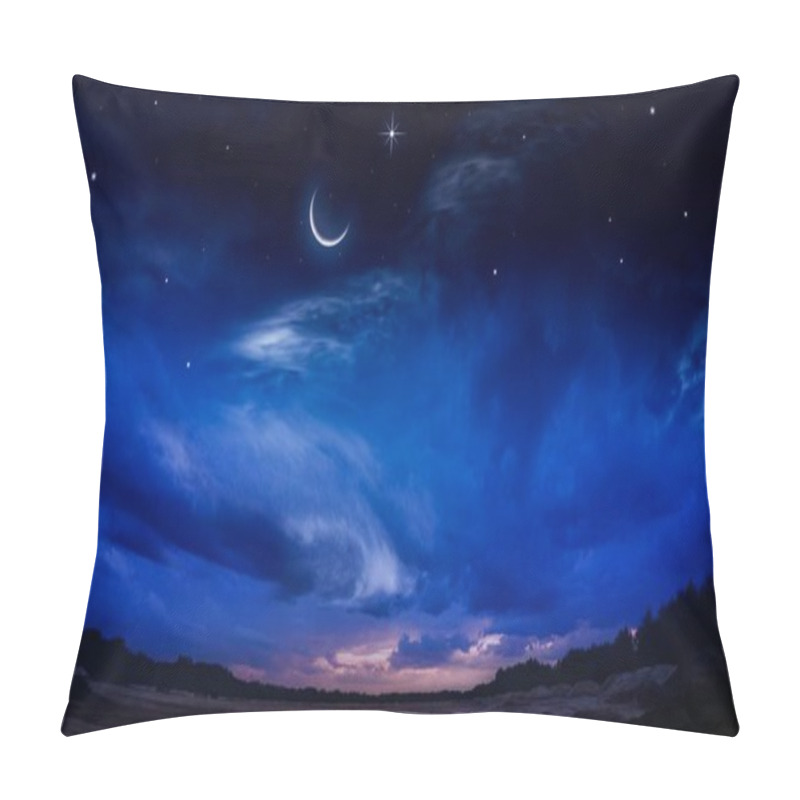 Personality  Beautiful Dark Fluffy Cloudy Sky With Sun Rays . Crescent Moon With Beautiful Sunset Background . Generous Ramadan . New Moon. Prayer Time.  Pillow Covers