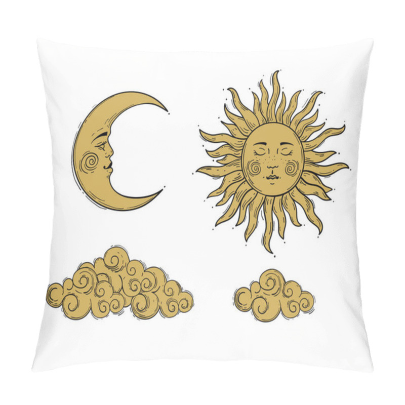 Personality  Set Of Elements For Mystical Design In Boho Style. Golden Sun And A Crescent Moon With A Face, Clouds. Retro Hand Drawing. Vector Illustration Isolated On White Background. Pillow Covers