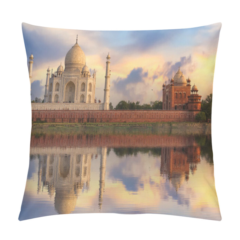 Personality  Taj Mahal Agra India White Marble Medieval Monument At Sunset With Water Reflection On River Yamuna Pillow Covers