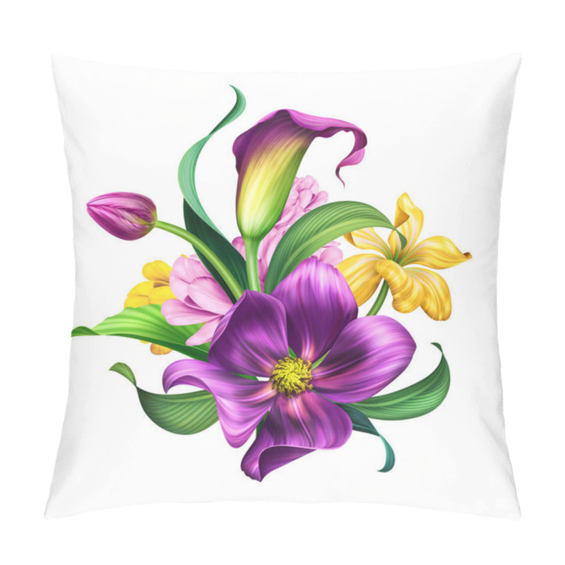 Personality  Botanical Illustration, Beautiful Tropical Purple Flowers Bouquet, Floral Arrangement, Clip Art Isolated On White Background Pillow Covers