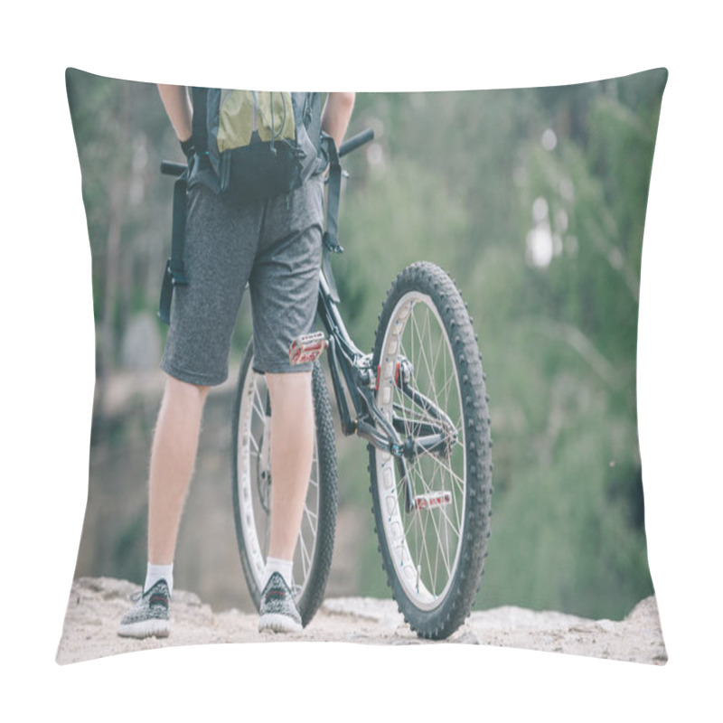 Personality  Cropped Image Of Male Cyclist With Backpack Standing Near Bicycle  Pillow Covers