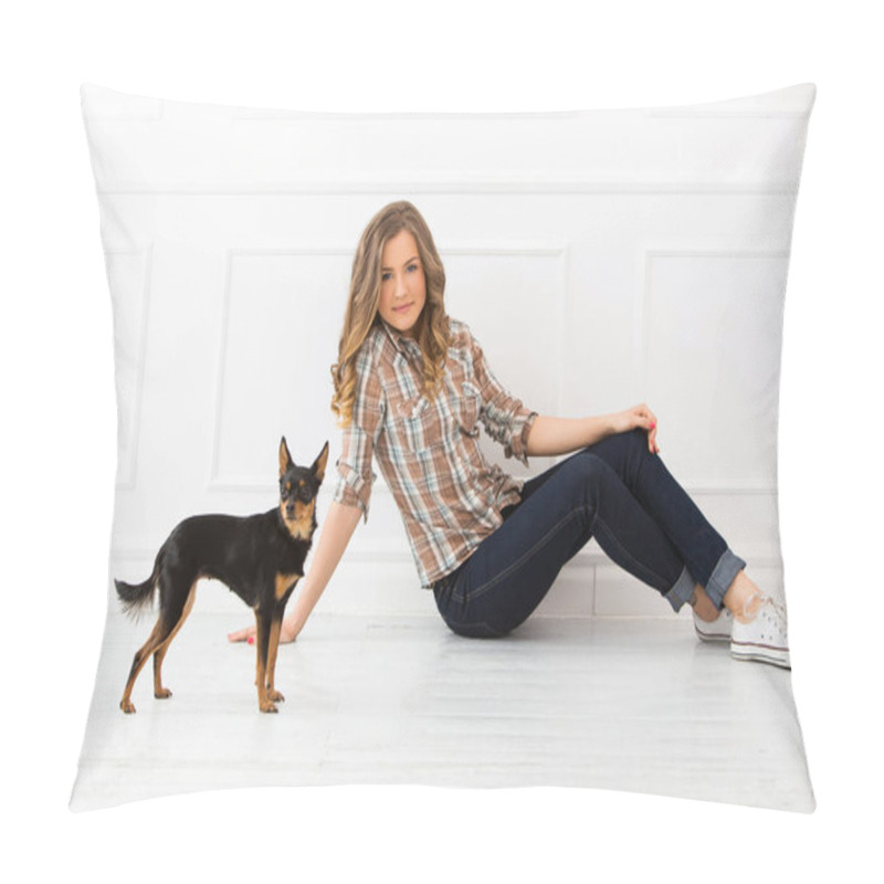 Personality  Attractive Woman With Dog On The Floor Pillow Covers