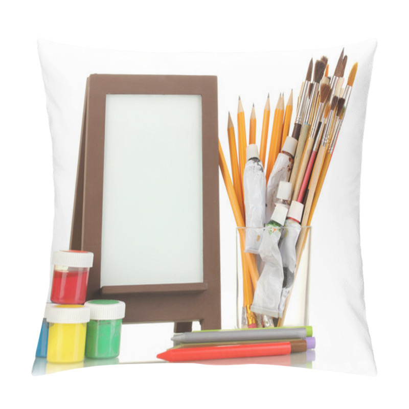 Personality  Photo Frame As Easel With Artist's Tools Isolated On White Pillow Covers