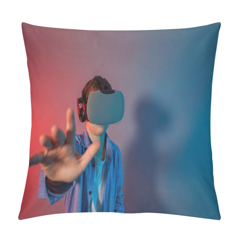 Personality  Teenager Boy Using A Gaming Gadget For Virtual Reality Pillow Covers