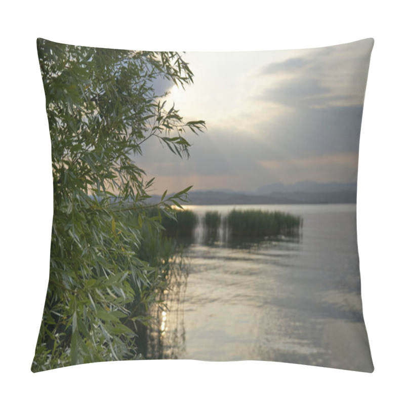 Personality  Beautiful Sunset In The Reeds Of Lake Garda. In The Foreground The Green Leaves Of The Plants, In The Background All The Colors Of The Sun Reflecting On The Water Of The Lake Among In The Evening. Pillow Covers