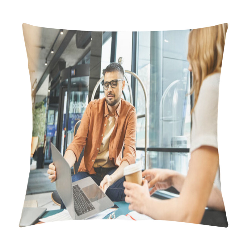 Personality  Two Colleagues In A Modern Coworking Space, Sitting At A Table With Laptops And Papers, Collaborating On Their Startup Project. Pillow Covers