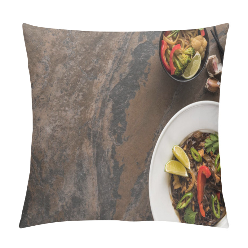 Personality  Top View Of Fresh Spicy Thai Noodles With Chopsticks On Stone Surface Pillow Covers