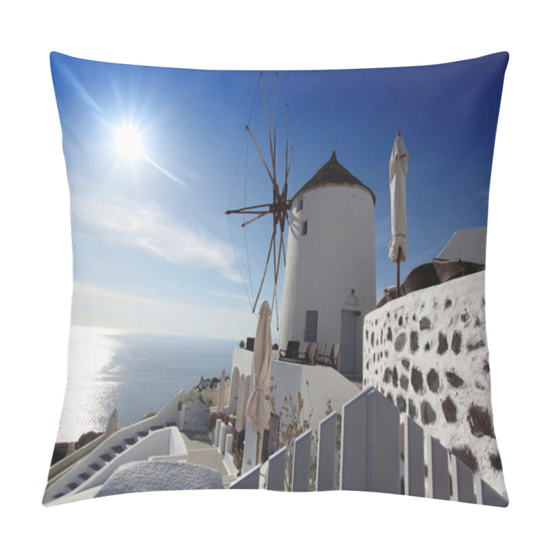 Personality  Santorini With Famous Windmill In Greece, Oia Village Pillow Covers