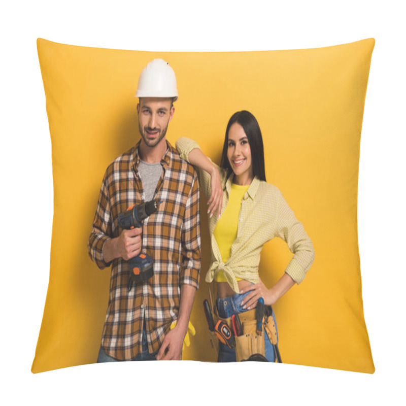 Personality  Professional Smiling Manual Workers With Tool Belt Holding Electric Drill On Yellow      Pillow Covers