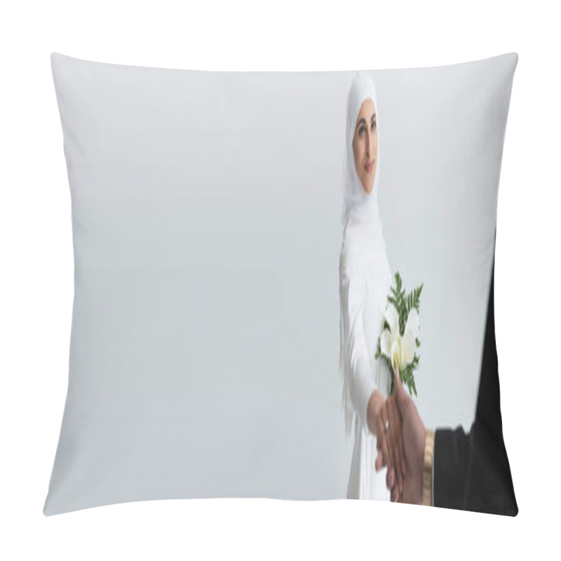 Personality  Happy Muslim Bride With Bouquet Holding Hands With Blurred Groom Isolated On Grey, Banner  Pillow Covers