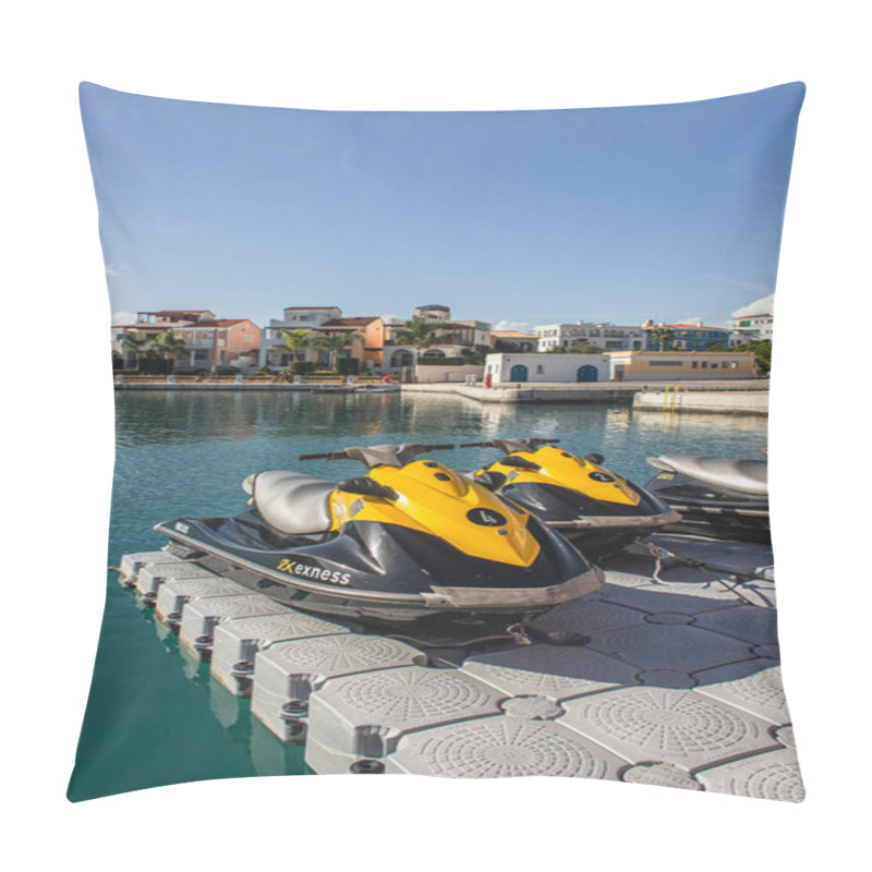 Personality  PAPHOS, CYPRUS - MARCH 31, 2020: Modern Jet Skis Near Blue Sea In Harbor Pillow Covers