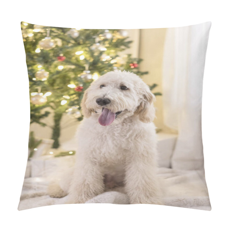 Personality  Happy Dog Sitting In Front Of Christmas Tree Pillow Covers