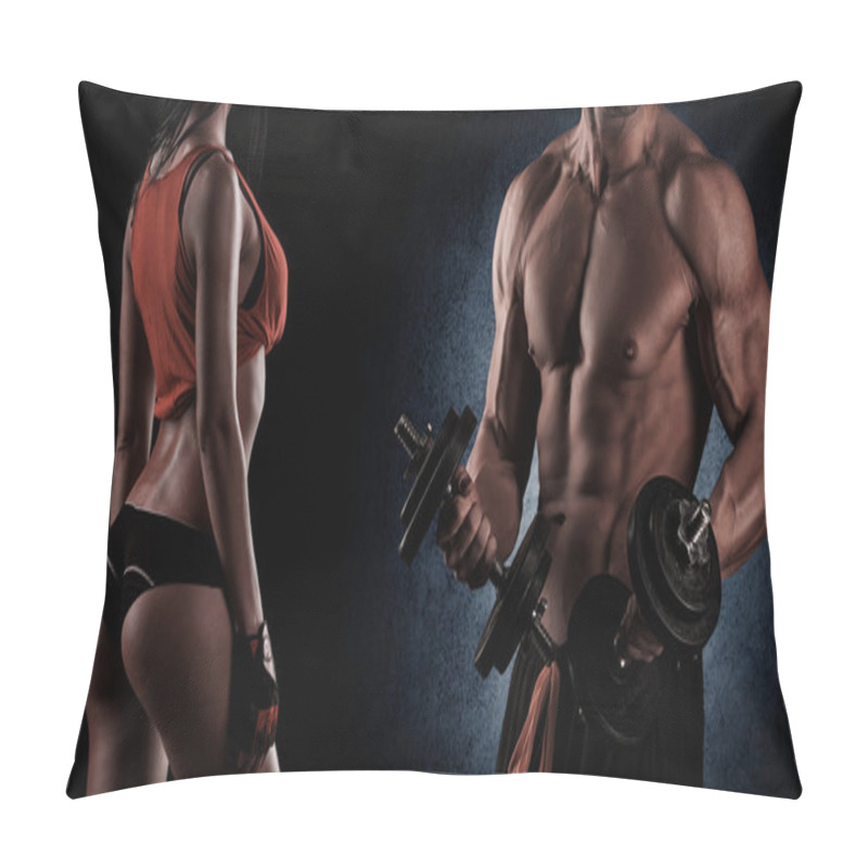 Personality  Bodybuilding. Strong Man And A Woman Posing On A Black Backgroun Pillow Covers