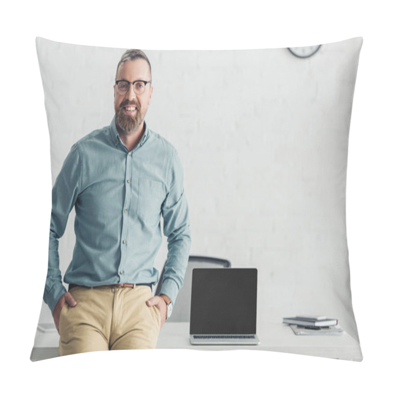 Personality  Handsome Businessman Sitting On Table Near Laptop With Copy Space Pillow Covers