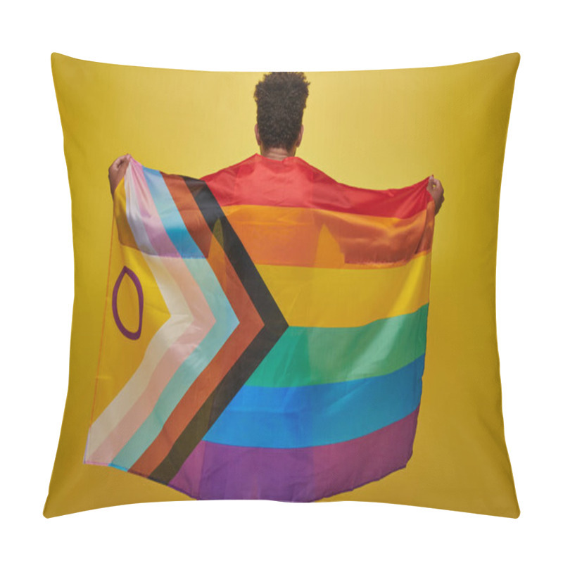 Personality  Back View Of African American Man Holding Lgbtq Rainbow Flag On Yellow Background, Pride Month Pillow Covers