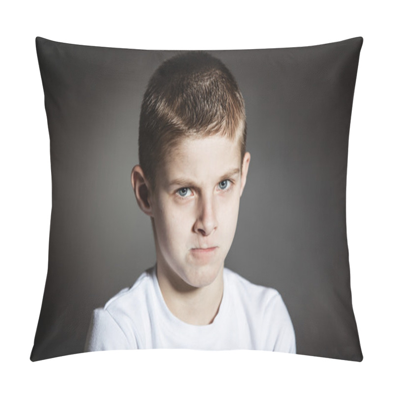 Personality  Angry Male Child Posing Pensively In Dark Room Pillow Covers