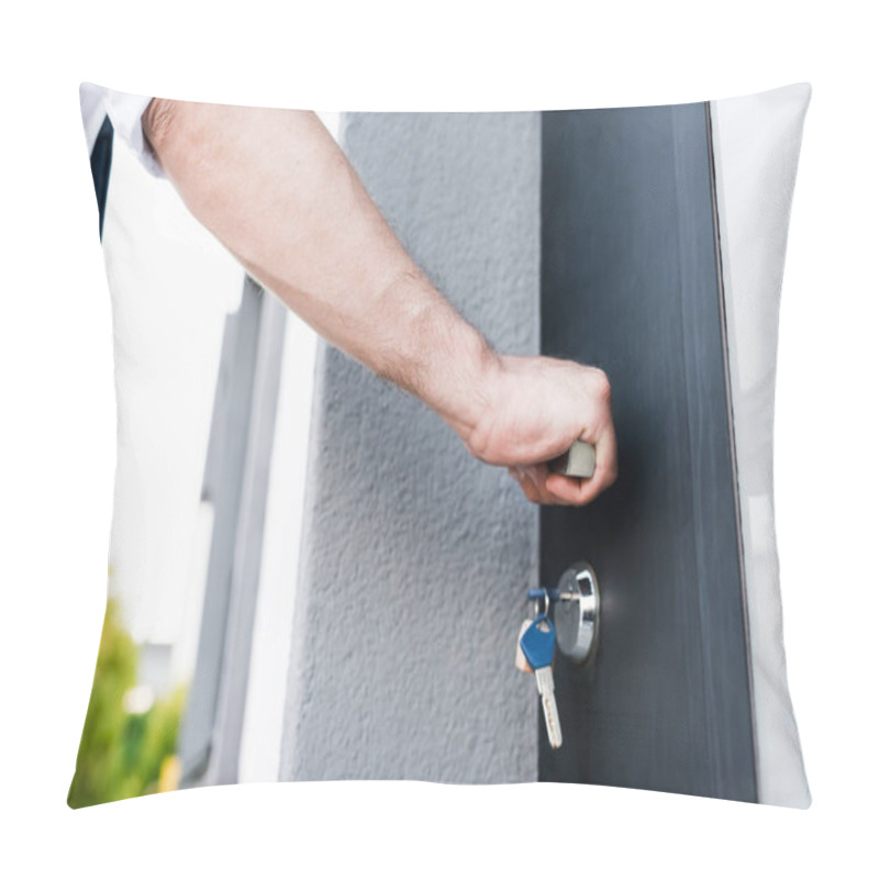 Personality  Cropped View Of Broker Opening Door On Blurred Background Pillow Covers