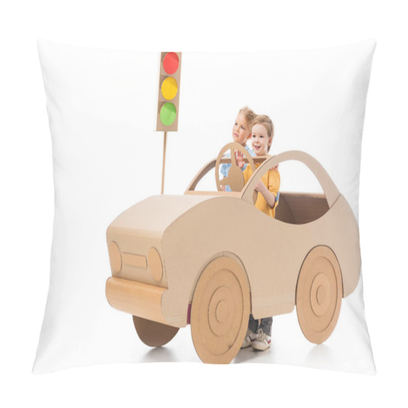 Personality  Brother And Sister Playing With Cardboard Car And Traffic Lights, On White Pillow Covers