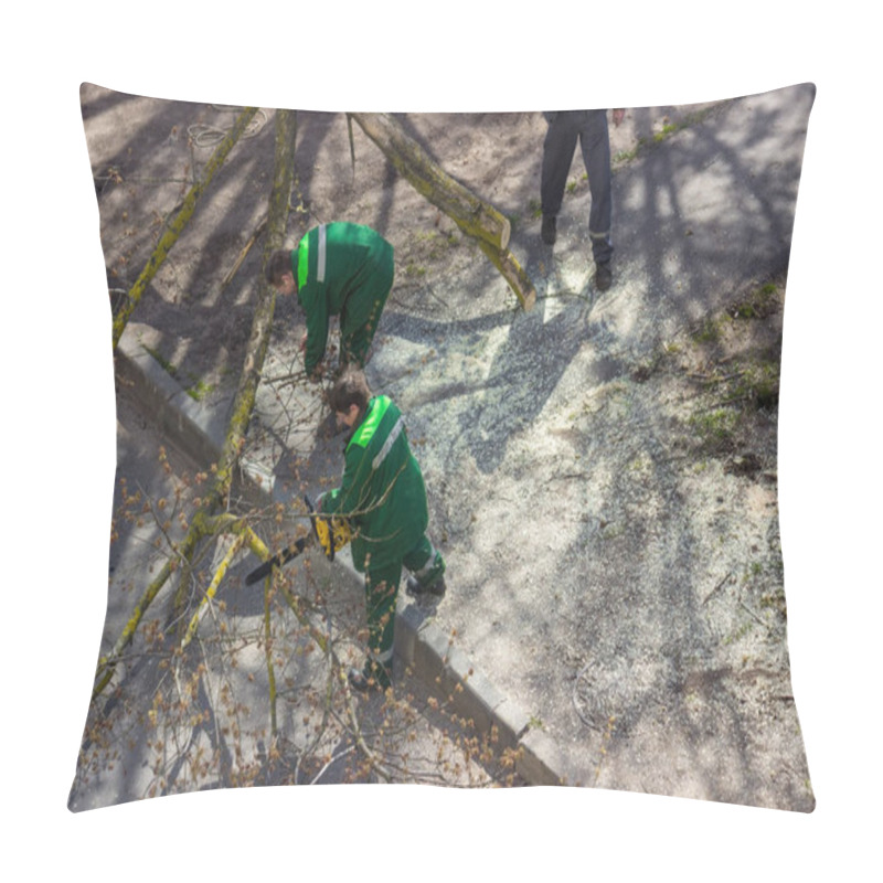 Personality  Workers In Urban Landscaping Carry Out Work On Cutting Dangerous Branches Of A Tree. The Master Cuts The Branches Of A Diseased Tree. Pillow Covers