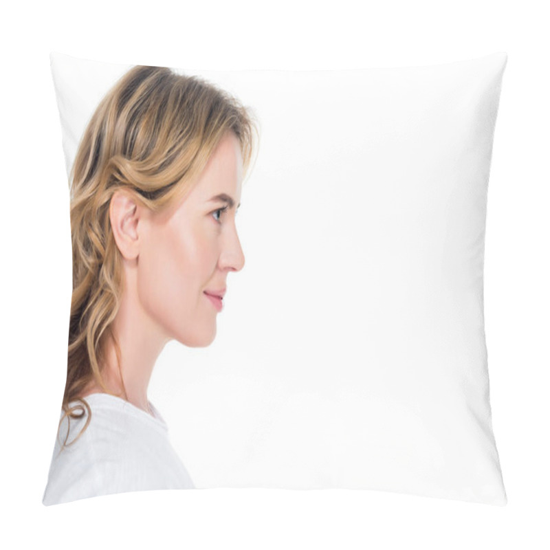 Personality  Side View Of Smiling Attractive Woman Isolated On White Pillow Covers