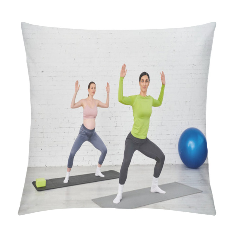 Personality  A Pregnant Woman, Guided By Her Coach, Practices Yoga On Top Of Mats In A Serene Setting. Pillow Covers