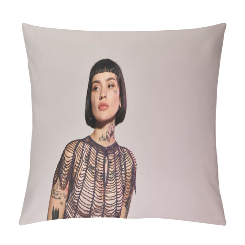 Personality  A Confident Woman Showcases Her Unique Style And Tattoos With Grace. Pillow Covers