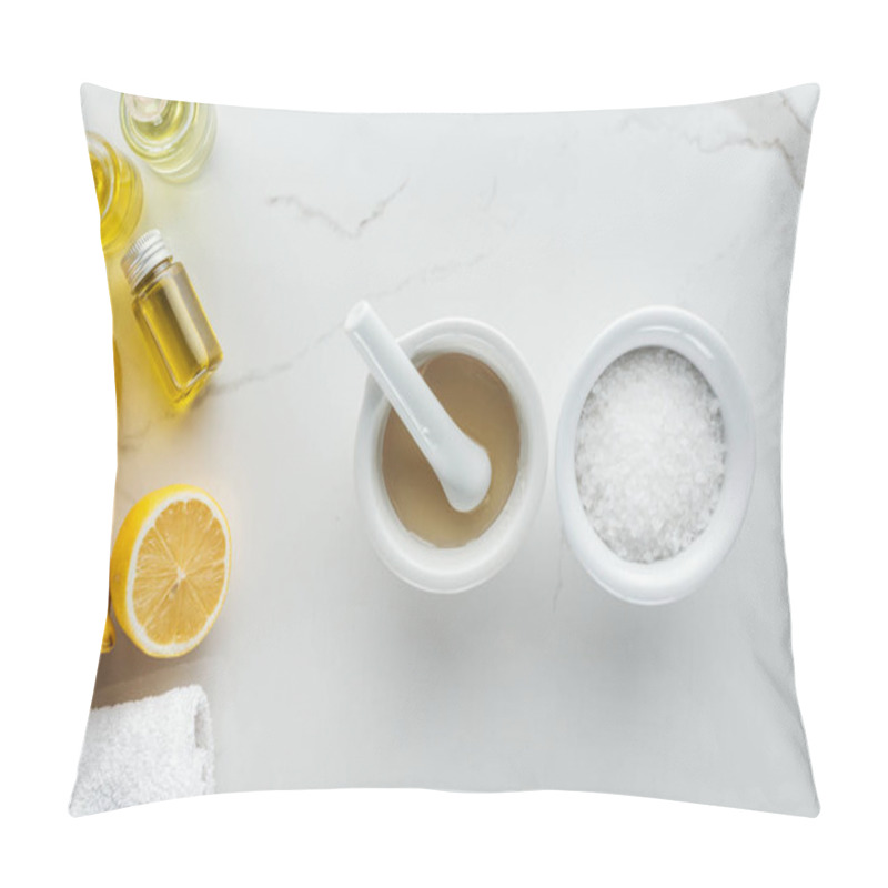 Personality  Top View Of Pounder, Bowl With Salt, And Various Natural Components For Homemade Cosmetics On White Surface Pillow Covers