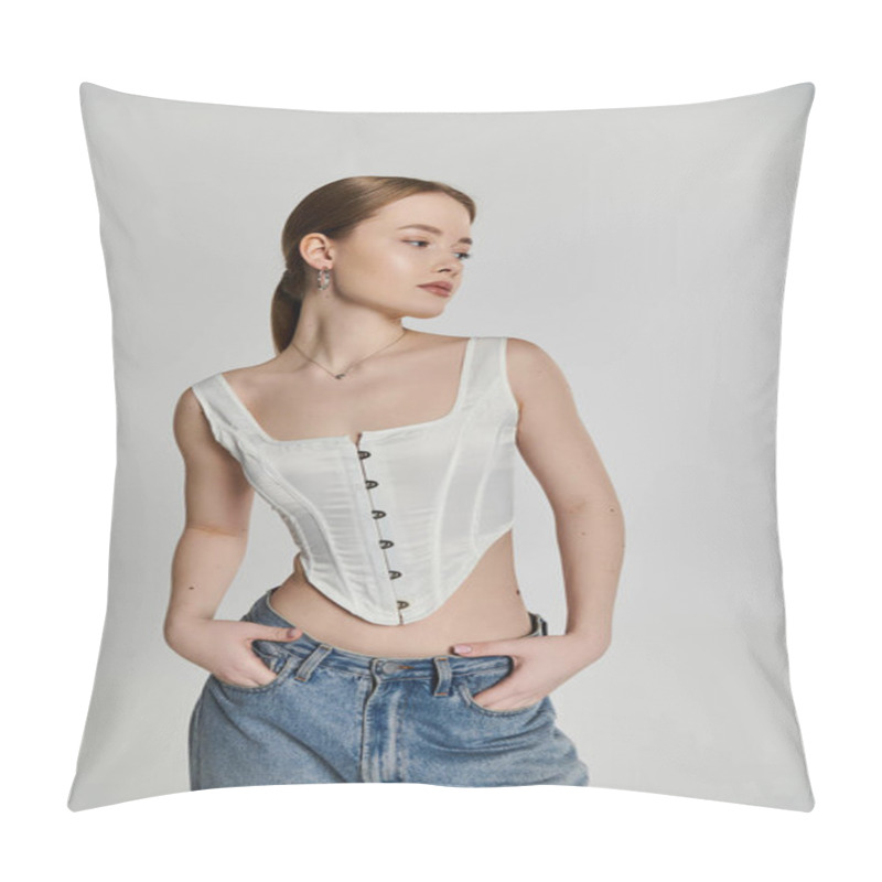 Personality  A Young Woman Poses Confidently In A White Corset, Radiating Elegance And Modern Style. Pillow Covers