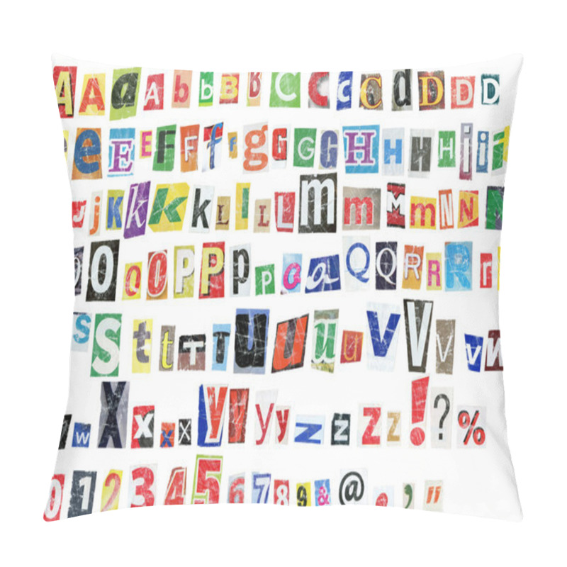 Personality  Grunge Newspaper Alphabet With Letters, Numbers And Symbols. Isolated On White Pillow Covers