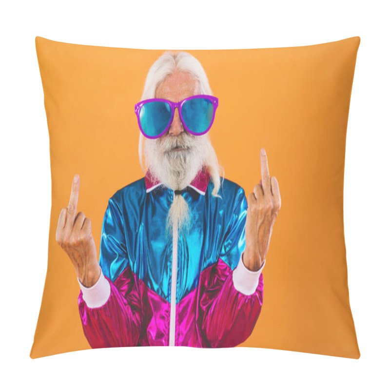 Personality  Senior Man With Eccentric Look  - 60 Years Old Man Having Fun, Portrait On Colored Background, Concepts About Youthful Senior People And Lifestyle Pillow Covers