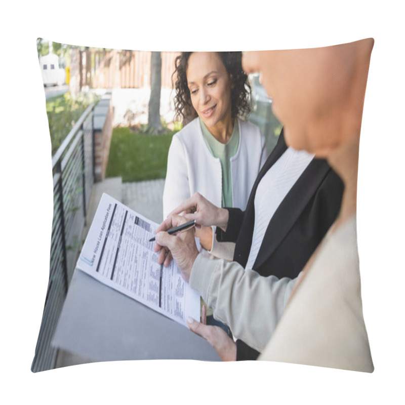 Personality  Blurred Man Signing Loan Application Near African American Wife And Realtor  Pillow Covers