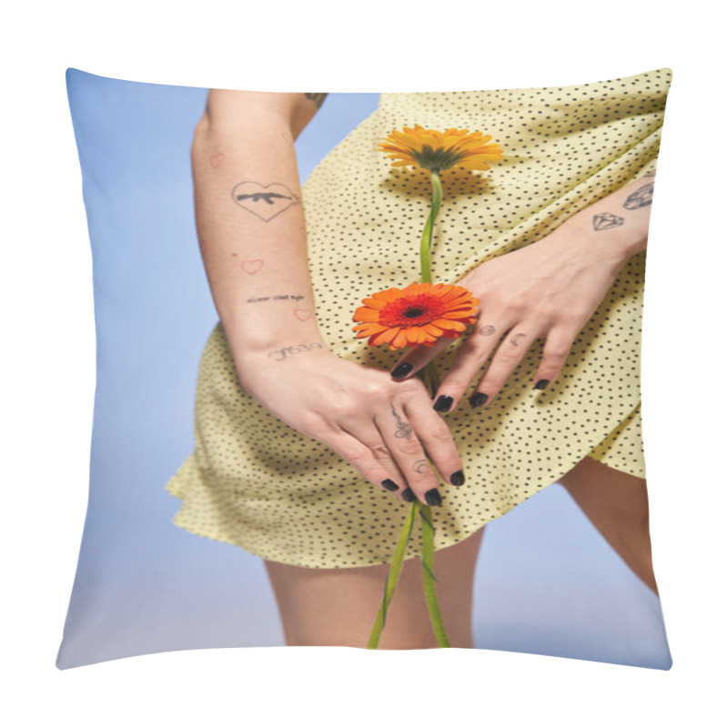 Personality  Woman In A Bright Yellow Dress Delicately Holds A Vibrant Flower, Embodying Beauty And Elegance. Pillow Covers