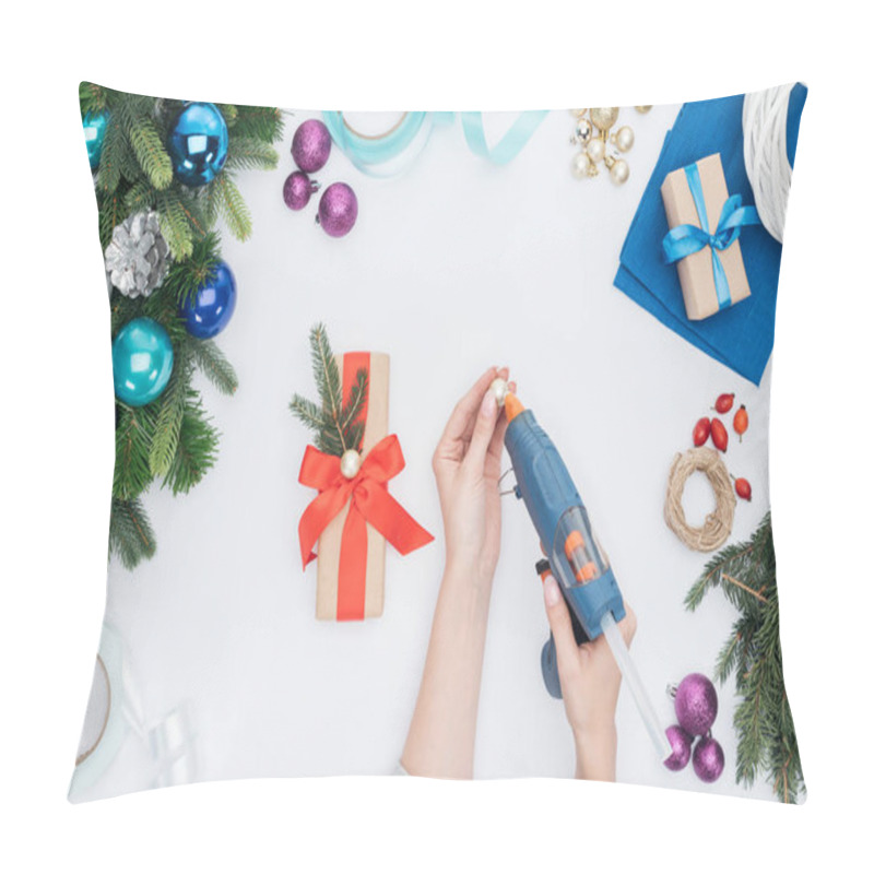 Personality  Partial View Of Woman Decorating Wrapped Present With Christmas Ball Isolated On White Pillow Covers