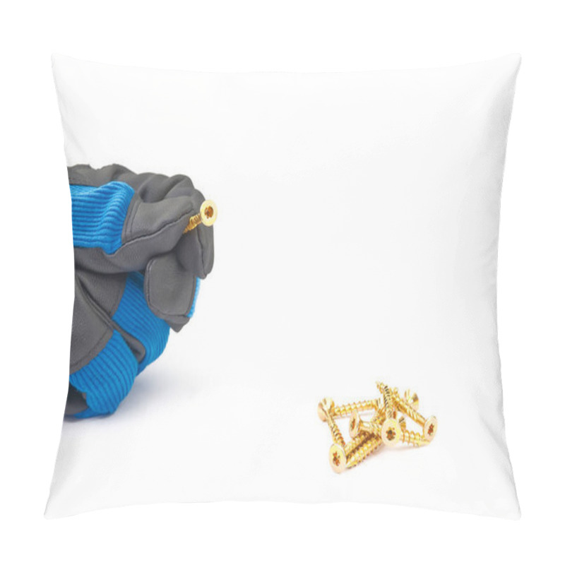 Personality  Men Hand In Glove Holding Yellow Zinc Torx Screw, Isolated On White Pillow Covers