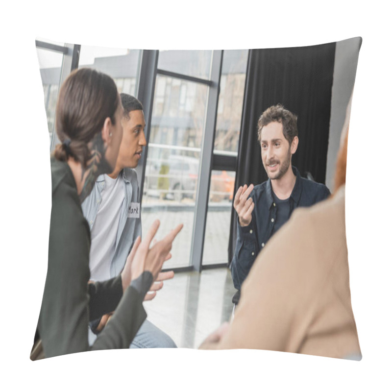 Personality  Interracial People With Alcohol Addiction Talking During Group Therapy In Rehab Center  Pillow Covers