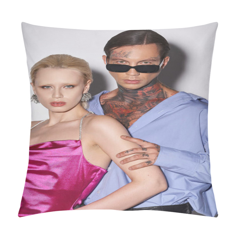 Personality  Fashionable Couple In Trendy Party Attire Looking At Camera On Grey Backdrop, New Year 2024 Concept Pillow Covers