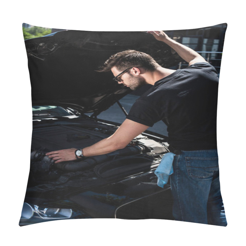 Personality  Focused Young Man Looking Under Car Hood Of Breakdown Car At Street Pillow Covers