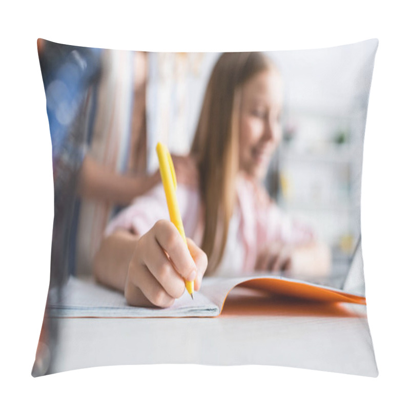 Personality  Selective Focus Of Kid Writing On Notebook During Electronic Learning Near Mother   Pillow Covers