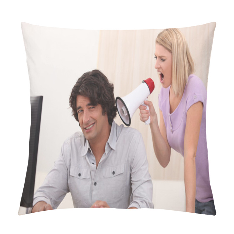 Personality  A Man Doing Computer And A Woman Yelling On Him With A Megaphone Pillow Covers