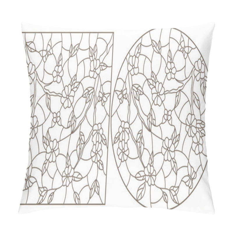 Personality  Set Of Contour Illustrations In Stained Glass Style With Branches Of A Flowering Tree And Butterflies, Dark Outlines On A White Background Pillow Covers